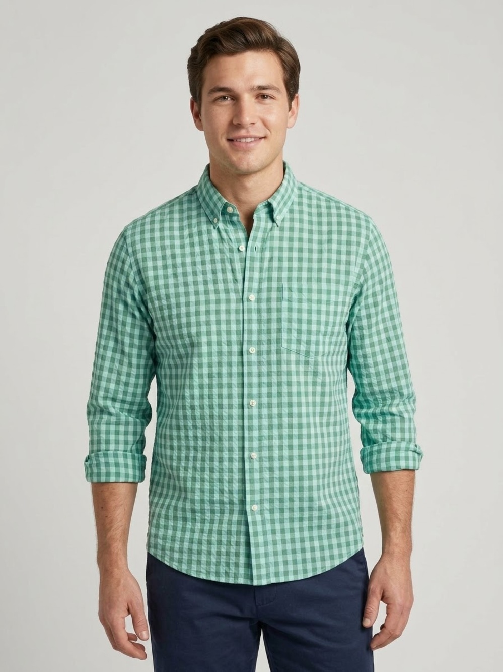 L.L.Bean Mens Long Sleeve Organic Cotton Seersucker Button Down Shirt Americana